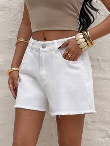 Sunnyshic Quần short denim nữ màu trơn, gấu quần rách, túi xéo, kiểu dáng thường ngày, đa năng. - trắng - Xem 6