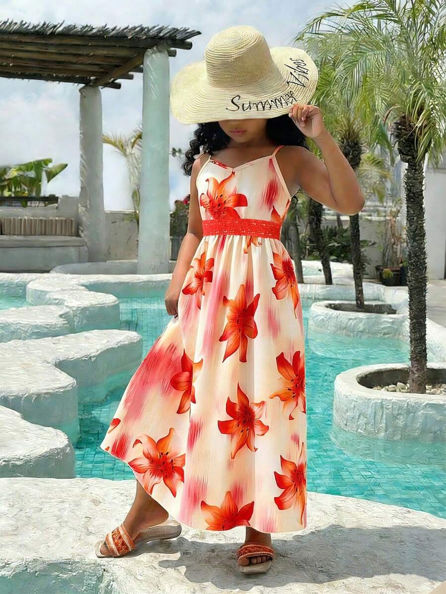 SHEIN Sparklyn Gaun Anak Perempuan Motif Bunga Elegan dengan Tali Bahu Berkerut, Cocok untuk Pakaian Kasual, Sehari-hari, dan Liburan, Warna Oranye Musim Semi/Panas