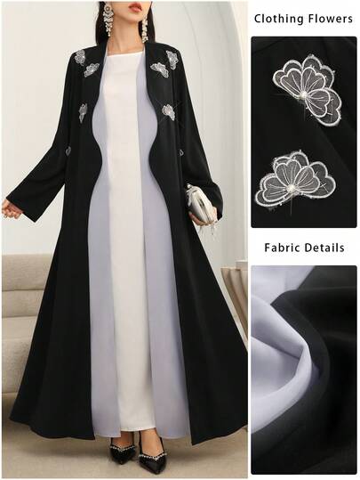 Al Najma Women's Fashionable 2 In 1 Applique Decor Wavy Collar Arabic Abaya