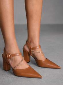 CUCCOO SZL Women's Pointed Toe Chunky Heel Ankle Strap Rhinestone Embellished Pumps, Brown, Classic Elegant Fashion Versatile Slip-On Mule Heels - Brown - View 3