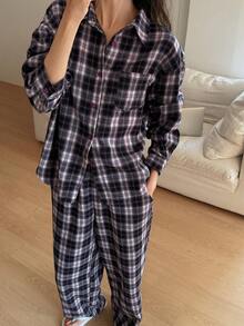 DAZY Bộ đồ ngủ kẻ caro 2 món dành cho nữ, kiểu áo sơ mi rộng rãi, thích hợp cho mùa thu/đông và dịp Giáng sinh. - Màu tím - Xem 7