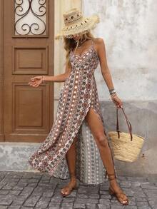 Brillora 女士几何印花高开衩无袖连衣裙，休闲百搭，适合度假、约会和外出穿着 - 橘色 - 查看 3