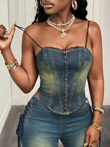 Slaydiva Women's Casual Fashionable Asymmetrical Hem Fitted Denim Camisole Top, Suitable For Summer - Medium Wash - View 4