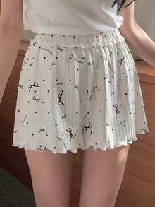 DAZY Letter & Bow Print Ruffle Hem Waist Shorts Women Sleepwear Bottom - White - View 7