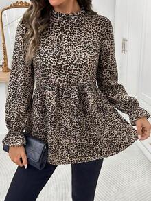 SHEIN LUNE 女士休闲豹纹荷叶边长袖衬衫 - 卡其色 - 查看 4