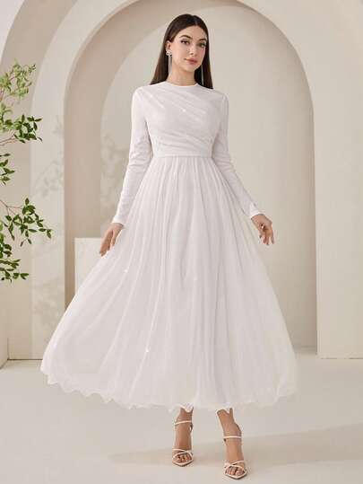 Veilorie Women's Solid Color Round Neck Long Sleeve Pleated Elegant Arabic Dress