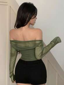 DAZY Blusa elástica de malla transparente con hombros descubiertos, para primavera/verano - Verde Oliva - Ver 2