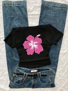 Attitoon Women's Casual Ruched Waist One-Shoulder Fitted Short Sleeve T-Shirt, Floral Print Pattern, Suitable For Summer - Black - View 8