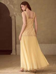 MOTF PREMIUM 女士浪漫优雅无袖长款褶皱连衣裙，春夏款 - 黃色 - 查看 3