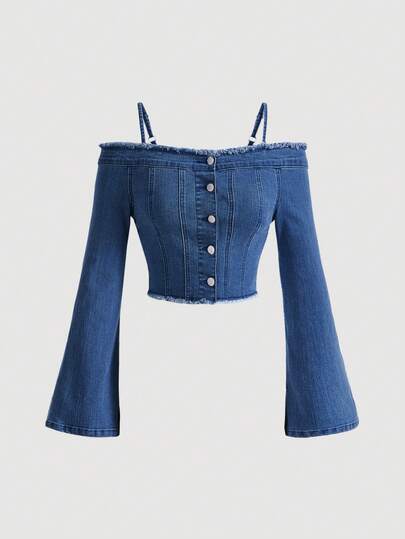 SHEIN MOD 女士毛边肩部喇叭袖单排扣牛仔衬衫