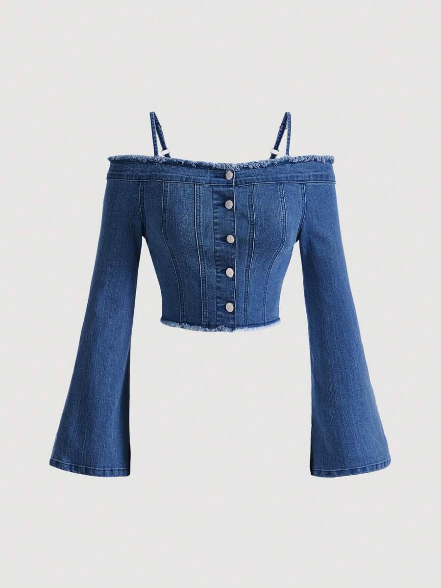 SHEIN MOD Women's Frayed Shoulder Flare Sleeve Single-Breasted Denim Blouse - Medium Wash - View 1
