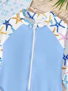 Tween Girls' Casual Minimalist Round Neck Long Sleeve One-Piece Swimsuit, Sky Blue, Beach/Resort Style, Colorful Starfish Print, Suitable For Summer - Multicolor - View 4