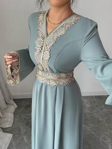 Rafferiza Women's Solid Light Gray-Green V-Neck Waist Cinched Long Sleeve A-Line Ruffle Trim Cinched Waist Robe, Women's Long Robe Turkish Abaya, Arab Long Robe For Fall - Gray green - View 5