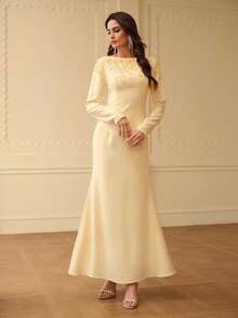 ZEYLAH Off Shoulder Faux Pearl Embellished Long Sleeve Fishtail Dress, Spring/Summer - Pale Yellow - View 4