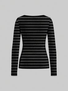 Attitoon 2件装女士V领休闲简约百搭条纹黑色印花修身长袖T恤，适合机场穿着，时尚别致，Y2K风格 - 彩色 - 查看 5