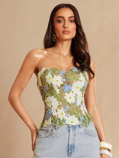 Silquee 女士性感优雅蕾丝透视露背系带露脐上衣，夏季