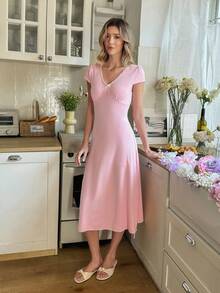 SHEIN Women's Elegant Jacquard Elastic Waistband Bow Decor V-Neck Midi A-Line Nightgown Pink Dress Lounge Dress - Pink - View 6