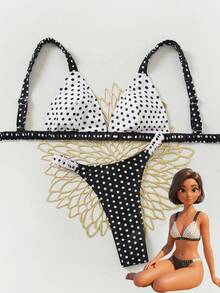 Swim Mod 波点撞色比基尼，女士性感吊带坦克泳衣，显瘦沙滩/水疗泳装套装 - 黑與白 - 查看 1