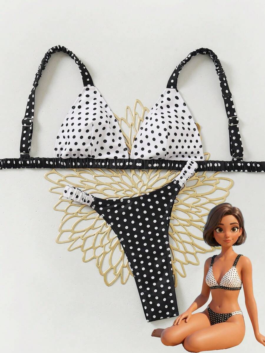 Swim Mod 波点撞色比基尼，女士性感吊带坦克泳衣，显瘦沙滩/水疗泳装套装 - 黑與白 - 查看 1
