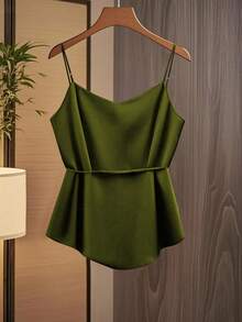 Lyxana Áo camisole nữ thời trang thường ngày cổ chữ V xếp ly, thắt nơ eo, dáng chữ A. - màu xanh lá - Xem 2