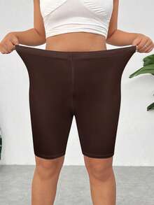 SHEIN EZwear Pantaloncini casual skinny vita alta elastica, taglia comoda, colore marrone - Castano - Visualizzare 3