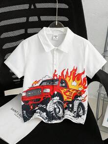 SHEIN 1 Peça Camisa de Manga Curta com Estampa de Carro Cartoon Macia, Versátil, Estilosa e Confortável para Meninos Jovens, Adequada para Primavera/Verão - Branco - Visão 10