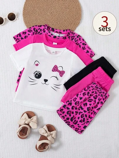 SHEIN 6件套夏季新款时尚休闲女童套装，圆领短袖T恤+宽松短裤，多种颜色可选，适合日常穿着和运动。