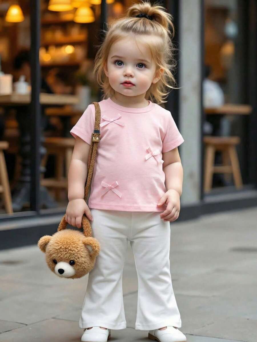 Souflis Souflis Bộ quần ống loe trắng in hình ô tô và nơ dễ thương phong cách Hàn Quốc cho bé gái, mùa hè - Nhiều màu - Xem 1