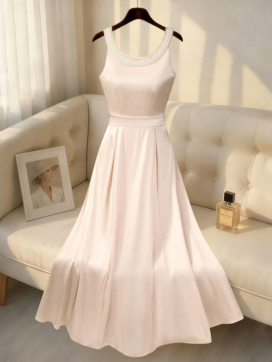 Franclia Elegant Satin Peach Spaghetti Strap Waist Cinched Maxi Dress - Apricot - View 1