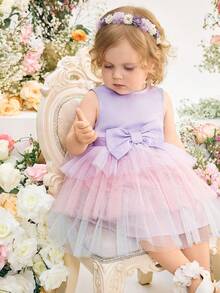 Babygirl Elegant Summer Cute Colorful Mesh Bow Decor Dress - Multicolor - View 5