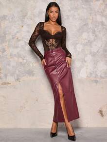 SHEIN Glamour 女士优雅性感纯色蕾丝拼接连体衣 - 咖啡棕 - 查看 3