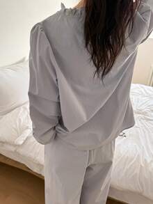 DAZY 优雅刺绣面料拼接荷叶边女士睡衣套装 - 霧霾藍 - 查看 2