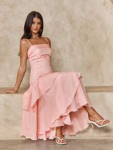 Enchnt Đầm hai dây viền bèo nhún, đầm dự tiệc/đầm dạ hội cao cấp dành cho người lớn. - Hồng - Xem 4