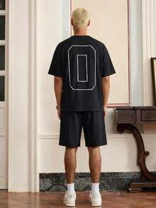 Manfinity Unisex Men's Black Casual Numeric Embroidery Short Sleeve T-Shirt And Shorts Set, Summer - Black - View 1