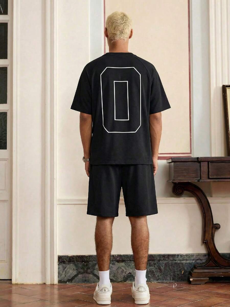 Manfinity Unisex Men's Black Casual Numeric Embroidery Short Sleeve T-Shirt And Shorts Set, Summer - Black - View 1
