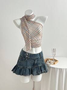 Elamini Women's Fashion Denim Skirt With Pockets And Ruffle Hem - Medium Wash - View 3