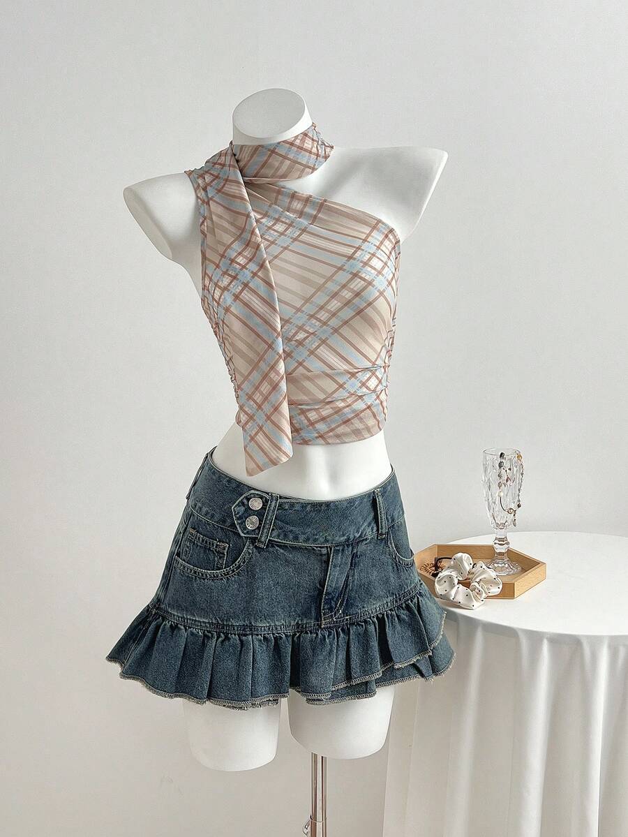 Elamini 女士时尚牛仔裙，带口袋和荷叶边下摆 - 中等水洗藍 - 查看 1