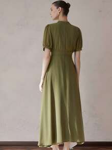 Aveloria Modichic Đầm chiffon thanh lịch dành cho nữ với thiết kế xếp ly ở phần ngực, tay áo kiểu công chúa, thắt eo, chân váy xòe, kiểu dáng tối giản và đa năng, phù hợp cho công sở, dài đến đầu gối. - Màu xanh Ô liu - Xem 4