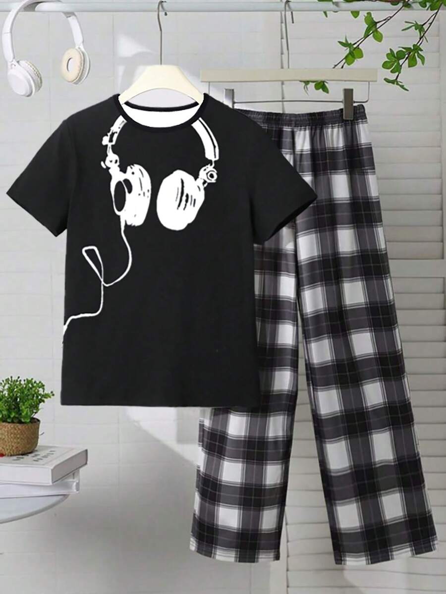 青少年男孩耳机印花针织圆领上衣和格子图案裤子 2 件套短袖休闲家居服套装 - 霧霾藍 - 查看 1