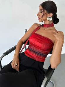 Firerie 女士优雅浪漫扎染印花褶皱抹胸上衣 - 紅色 - 查看 5