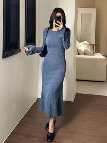 DAZY 女士休闲、办公、通勤纯色纹理面料喇叭袖鱼尾下摆连衣裙，春秋季连衣裙 - 藍色 - 查看 5