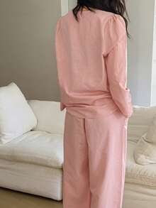 DAZY 2pcs Women Striped Textured Fabric Embroidered Ruffle Trim Puff Sleeve Pajama Set - Pink - View 2