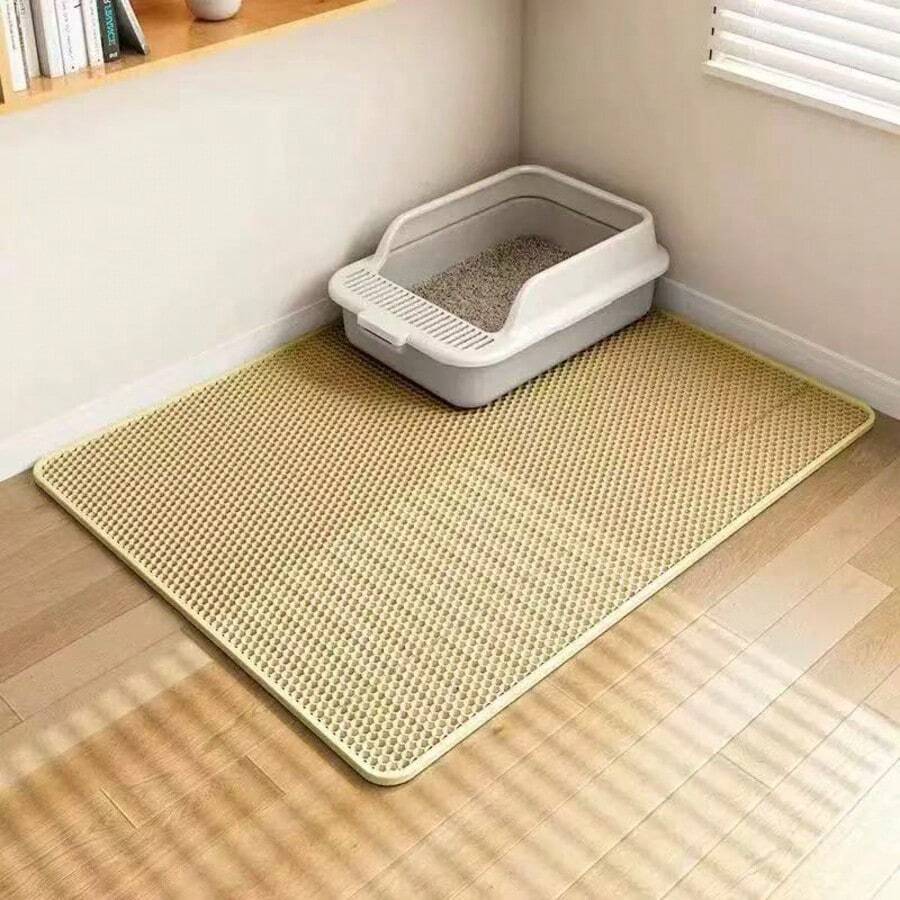 1 pieza Alfombra de arena para gatos de EVA, diseño de panal de doble capa, duradera, antideslizante, lavable y fácil de limpiar - Almohadilla protectora para la caja de arena, el inodoro, el baño y el área de alimentación - Ideal para gatos y mascotas pequeñas - Beis - Ver 1