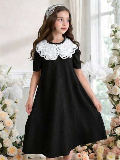 Sparklyn 少女休闲优雅可爱泡泡袖A字连衣裙，圆领蝴蝶结领口，绿色，适合春、夏、秋季、户外活动、上学、度假穿着