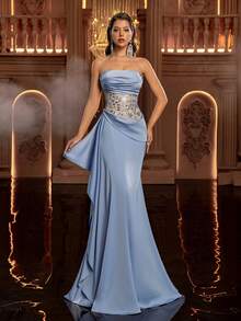 Glamrae Elegant Luxury Baby Blue Strapless Evening Gown,Beaded Embroidered Satin Bodice With Structured Pleats,Cinched Waist,Flared Skirt With Slit Gala Dress - Blue - View 7