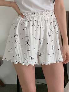 DAZY Letter & Bow Print Ruffle Hem Waist Shorts Women Sleepwear Bottom - White - View 1
