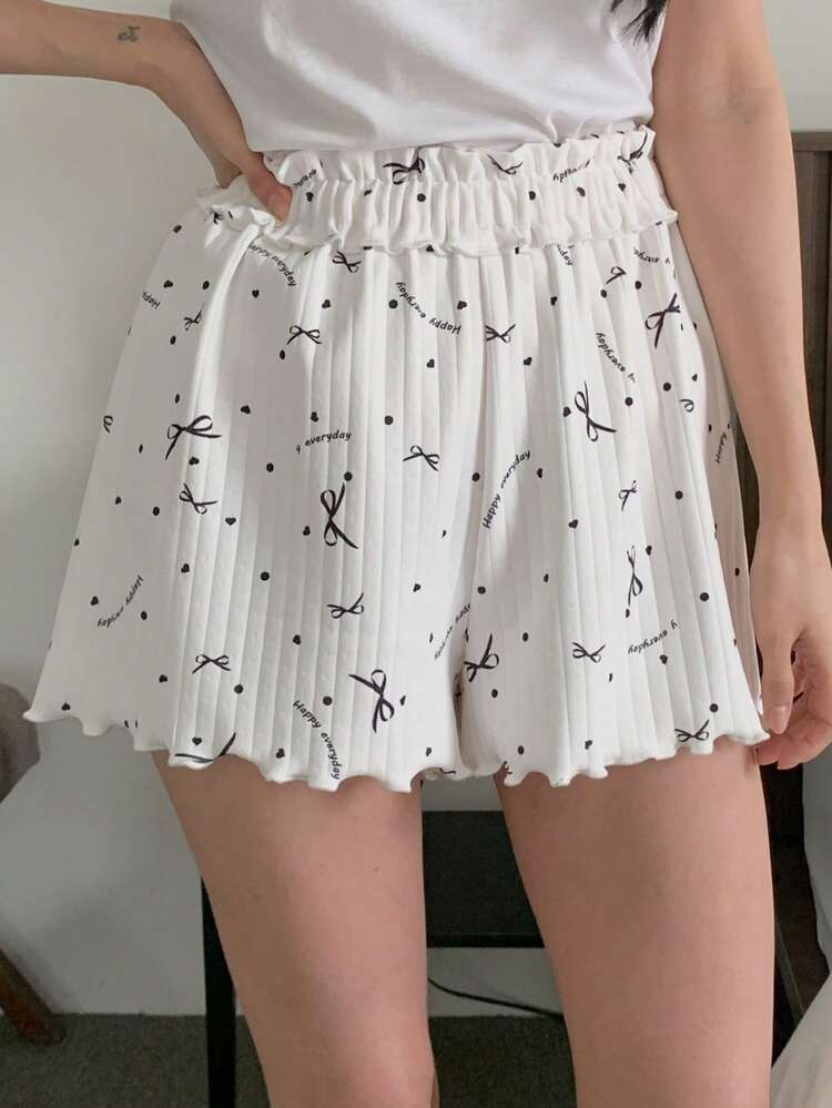 Letter & Bow Print Ruffle Hem Waist Shorts Women Sleepwear Bottom