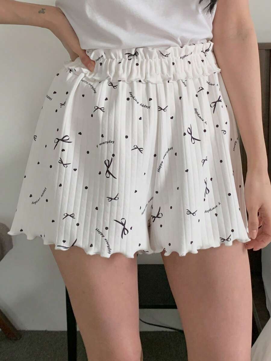 DAZY Letter & Bow Print Ruffle Hem Waist Shorts Women Sleepwear Bottom - White - View 1