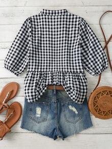 Franclia Camisa de mujer de manga corta con estampado de cuadros, tela tipo lino con estampado de cuadros, fruncido en la cintura, cuello con muesca, mangas cortas, blusa ligera de estilo francés casual con estampado de guinga, blusa a cuadros, blusa a cuadros para mujer, blusa campestre para mujer para picnic - Multicolor - Ver 2