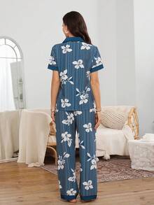 SHEIN Ruffled Striped Lily Floral Trim Cardigan Women Pajama Set - Blue and White - View 2